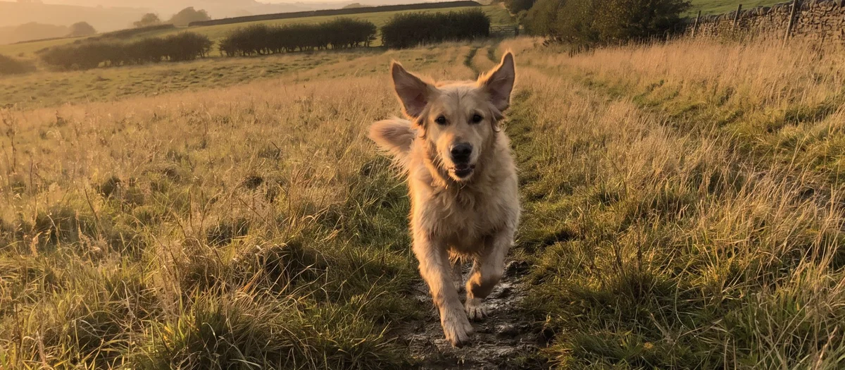 A gundog running joyfully back to its owner across a golden field
