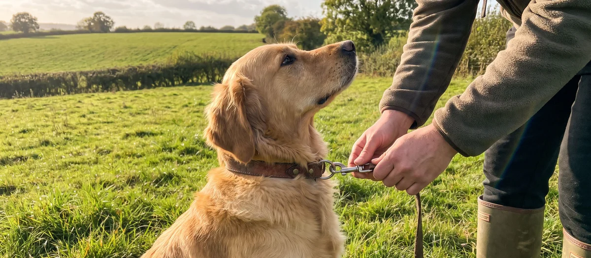 An owner unclipping the lead from a calm, trusting gundog in a sunlit meadow
